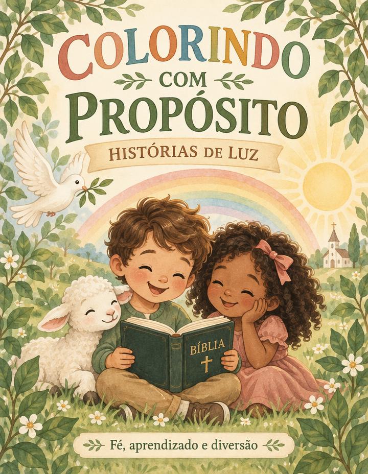 Capa ilustrativa de Colorindo com Propósito — Histórias de Luz, com crianças lendo a Bíblia