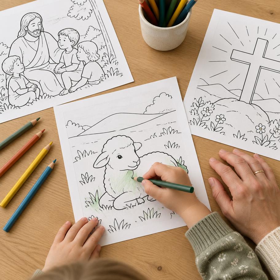Representação ilustrativa de uma criança colorindo atividades bíblicas ao lado de um adulto